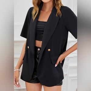 Women's Casual Lapel Neck Pocket Blazer Short Sleeve Button Down Jacket